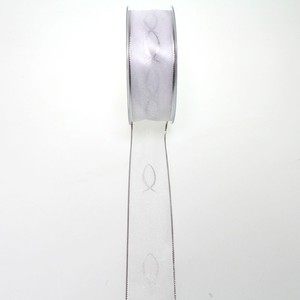 20m Dekoband Chiffon Fische wei silber 40mm Drahtkante Kommunion Konfirmation