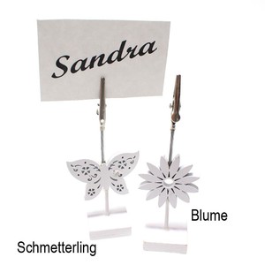 4 Tischkartenhalter Holz wei� Blume Bl�te H11cm Metallklammer Platzkarte G�ste