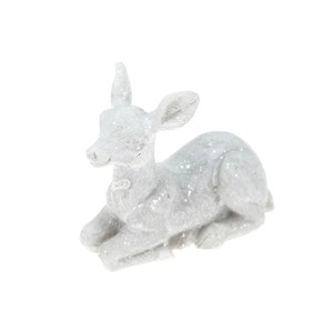 Rehkitz Reh Bambi liegend 6cm Polyresin Herbst Hirsch Figur wei� glitzernd