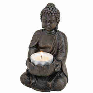 Buddha mit Teelichthalter in braun aus Poly, B9 x T8 x H14 cm Statue Figur