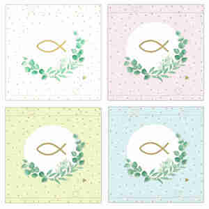 20 Servietten Fisch Zweig 3lag. 33x33cm Geburt Taufe Kommunion Konfirmation