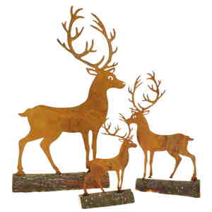 Hirsch Metall rost auf Holzfu� Baumstamm Aufsteller Tierfigur Skulptur Aufsteller