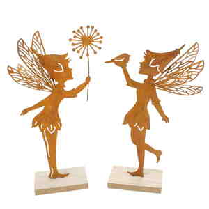 Set 2 Feen Elfen Metall rost auf Holz Aufsteller Figur mit Pusteblume Paar