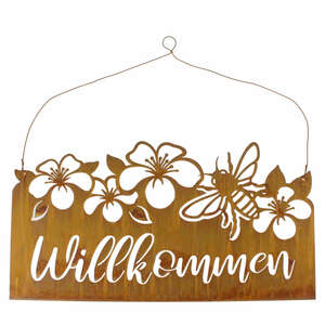 Schild Willkommen 40x20cm Metall mit Biene Blumen H�nger Eingangsschild T�r Deko