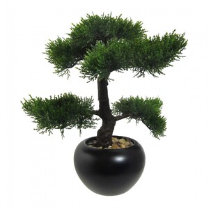 Bonsai Zeder Kunstpflanze 37 cm in schwarzem Keramiktopf mit Kies