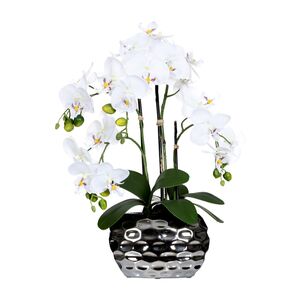 Orchidee Phalaenopsis Kunstpflanze 55 cm wei in silberfarbener Vase