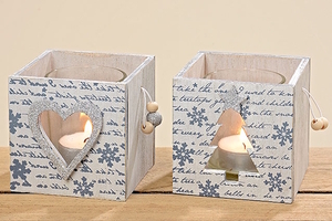 Teelichthalter-Set Snowflakes 2tlg. Holz mit Glaseinsatz versch. Motive