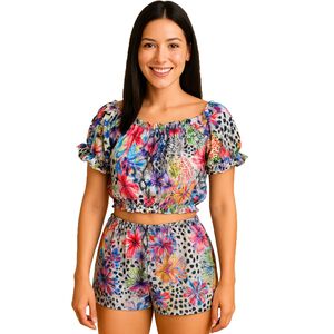 Sommer Outfit kurze Hose & bauchfreies Top f�r Damen Hawaii-Motiv