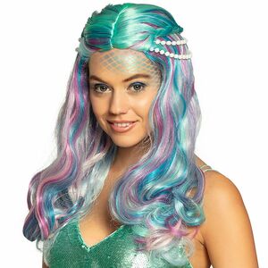 Meerjungfrau Per�cke mit Perlenkette geflochtenes Langhaar 51 cm t�rkis lila