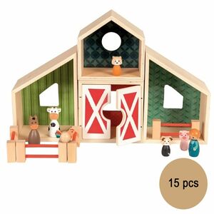 Spielzeug Holz Bauernhof mit Scheune Bauer und Tieren, 15-tlg.