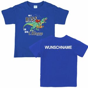 T-Rex T-Shirt blau Schulanfang Mit Biss in die 1. Klasse mit Wunschname