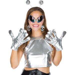 Alien Zubehr-Set Space Haarreif Brille Ohrringe & Handschuhe Silbern fr Damen