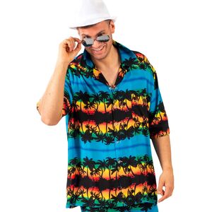Hawaii Kost�m Aloha Shirt Hemd Blau mit Palmen Sonnenuntergang f�r Herren