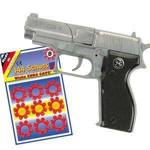 Polizei Pistole Officer 8 Schwarz Silber 15,5 cm inkl. 144 Schuss Munition