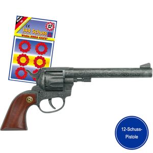 Pistole 26 cm Buntline mit Holzgriff f�r Cowboy & R�uber inkl. 144 Schuss 