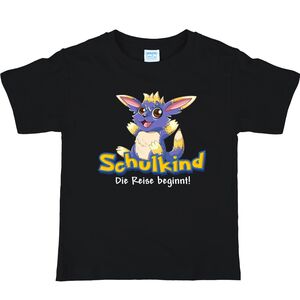 Schulkind T-Shirt Die Reise beginnt Schwarz mit Fantasie-Tier f�r Kinder