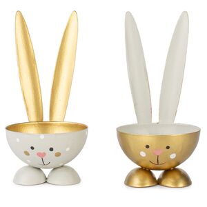 2 Eierbecher Hase Grau & Gold aus Metall Osterhase 10 cm gedeckter Tisch Ostern