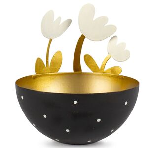 Schale aus Metall mit 3 Blumen Schwarz Gold Teelicht Ostern Fr�hling Tisch-Deko