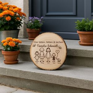 Baumscheibe 30 cm Familie Willkommensschild personalisiert mit Kindern & Hund