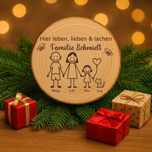 Baumscheibe 30 cm Familie Willkommensschild personalisiert mit 1 M�dchen & Katze