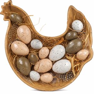 Osterdeko Holzschale Huhn 27 x 30 cm mit 16 Dekoeiern Osternest
