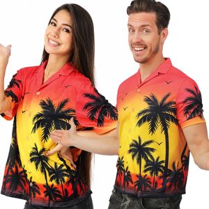 Hawaiihemd f�r Damen & Herren Rot Gelb Palmen Sommer Party Hemd