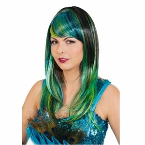 Pfau Per�cke Langhaar schwarz mit blau-gr�nen Str�hnen f�r Damen