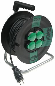 Kunststoff-Kabeltrommel, 25m Kabel, IP44 H05RR-F 3G1,5mm, schwarze Gummileitung
