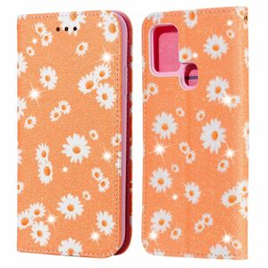 Samsung Galaxy A21s Tasche Handy H�lle Schutz Cover mit Kartenfach Glitzer Orange