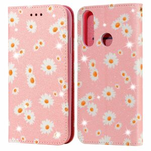 Huawei Y6p Tasche Handy H�lle Schutz Cover mit Kartenfach Glitzer Rosa
