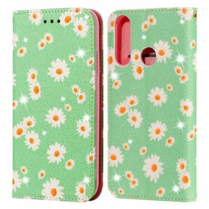 Huawei Y6p Tasche Handy H�lle Schutz Cover mit Kartenfach Glitzer Gr�n