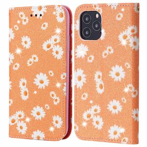 Apple iPhone 12 / 12 Pro Tasche Handy H�lle Schutz Cover mit Kartenfach Glitzer Orange