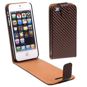 Handy Tasche Flip d�nn Carbon look f�r Handy iPhone 5 / 5s Braun