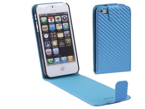 Handy Tasche Flip d�nn Carbon look f�r Handy iPhone 5 / 5s Hellblau