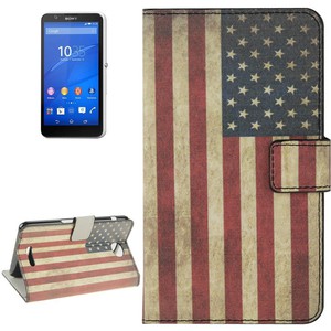 Handyh�lle Tasche f�r Handy Sony Xperia E4 Retro Fahne USA