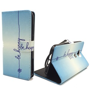 Handyh�lle Tasche f�r Handy Huawei G8 Schriftzug Be Happy Blau