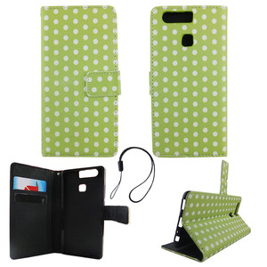Handyh�lle Tasche f�r Handy Huawei P9 Polka Dot Gr�n Weiss