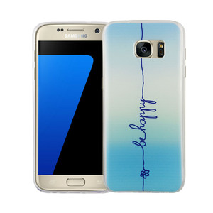 Handy H�lle f�r Samsung Galaxy S7 Cover Case Schutz Tasche Motiv Slim Silikon TPU Schriftzug Be Happy Blau