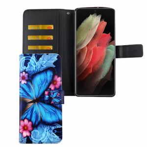 Samsung Galaxy S21 Ultra Tasche Handy H�lle Schutz-Cover Flip-Case mit Kartenfach Blauer Schmetterling