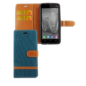 Tasche f�r Wiko Lenny 3 Max Jeans Cover Handy Schutz H�lle Case Gr�n