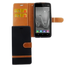 Tasche f�r Wiko Lenny 3 Max Jeans Cover Handy Schutz H�lle Case Schwarz