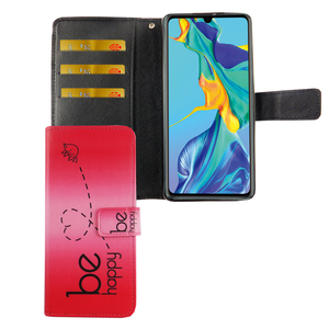 Huawei P30 Tasche Handy Hlle Schutz-Cover Flip-Case mit Kartenfach Be Happy Pink