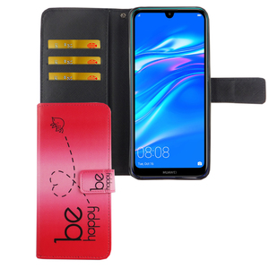 Huawei Y7 2019 Tasche Handy H�lle Schutz-Cover Flip-Case mit Kartenfach Be Happy Pink