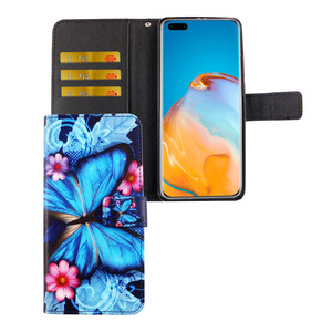 Huawei P40 Pro Tasche Handy H�lle Schutz-Cover Flip-Case mit Kartenfach Blauer Schmetterling