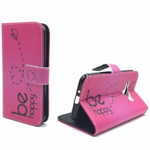  Handyh�lle Tasche + 1 Panzer Schutz Glas f�r Case Handy Samsung Galaxy J1 (2016) Be Happy Pink