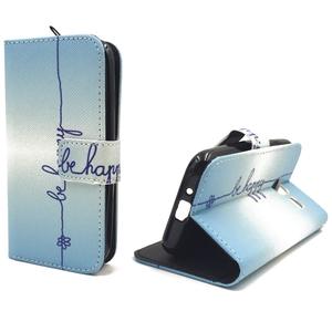  Handyh�lle Tasche + 1 Panzer Schutz Glas f�r Case Handy Samsung Galaxy J1 Mini Schriftzug Be Happy Blau