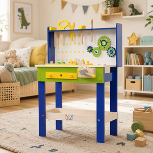 Baby Vivo Spielwerkbank / Werkbank f�r Kinder aus Holz - Luigi mit drehbaren Zahnr�dern und 29 Teilen Zubeh�r