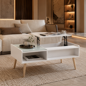 Makika Couchtisch / Wohnzimmertisch mit Glas ausziehbar mit verstecktem Fach in Wei�