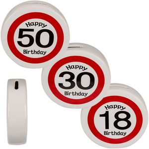 Spardose Jahreszahl 18-30-40-50 Keramik Weiß-Rot Straßenschild runder Geburtstag 