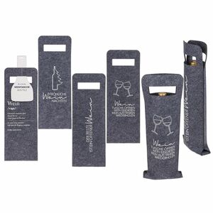 Wein Flaschent�ten aus grauem Filz mit Spruch Geschenkt�te mit Tragegriff